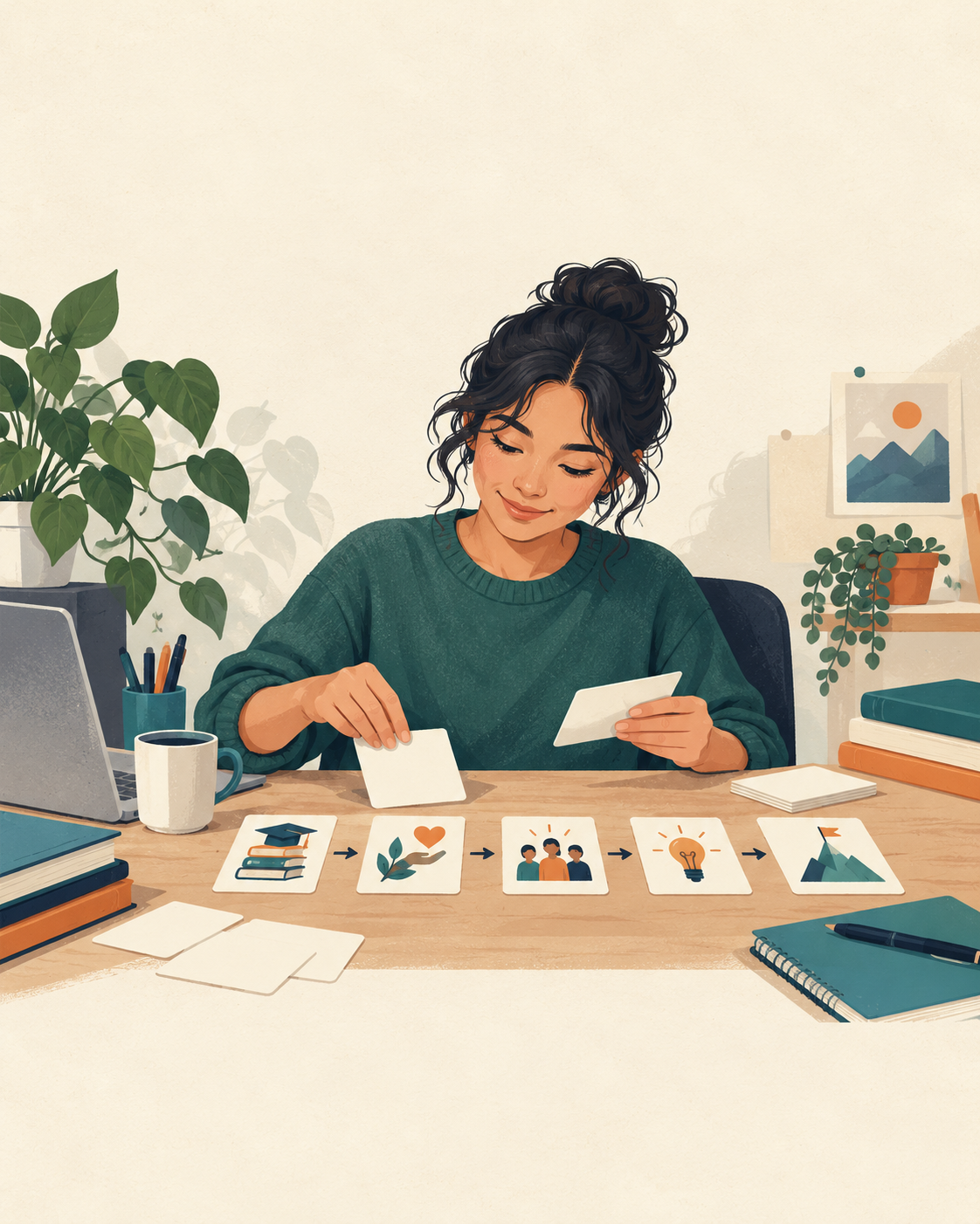 A person arranging cards representing education, volunteering, teamwork and ideas